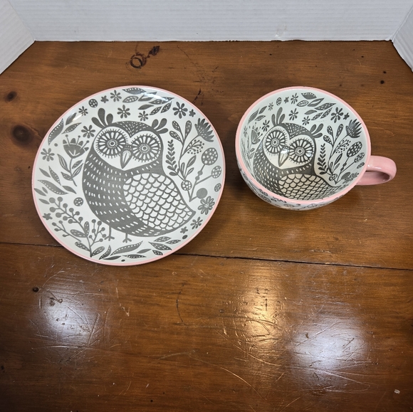 OWL SET World Market Oversized Owl Mug with Matching Saucer Hard To Find Unique - Picture 7 of 9